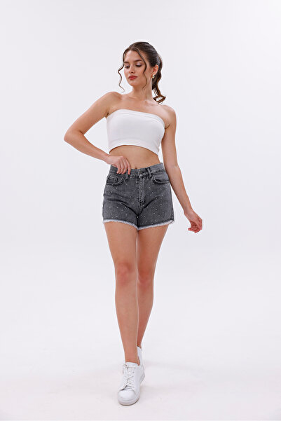 Eseclass Kadin Kot Şort Yüksek Bel Taş İşlemeli̇ Püskül Detayli