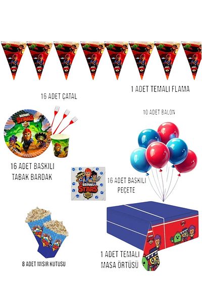 Evabrite Brawl Stars Birthday Party Set - Boy's Birthday Ornaments for 16 People
