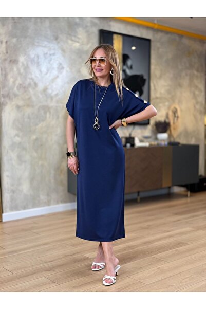 MODA DÜĞME DETAYLI YARASA KOL MİDİ ELBİSE
