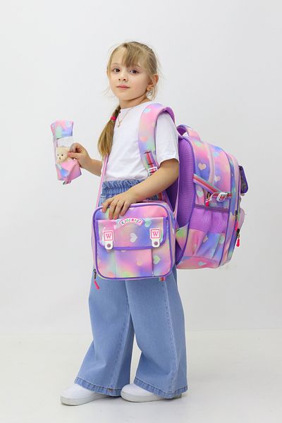 Probag Set de 3 genți pentru fete cu inimă Rucsac Cutie de prânz Suport stilou Jucărie de plus Cadou Școala primară