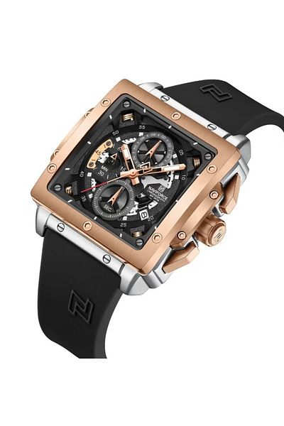 Naviforce Luxury Rose Gold and Silver Square Chronograph Watch for Men with Black Silicone Strap