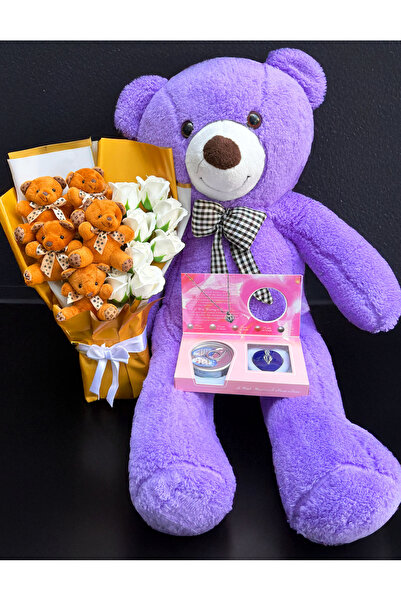 Linalux Gifts Sevgiliye Hediye Güllü Ayıcıklı Buket Mor Ayıcık ve İstiridye İ...