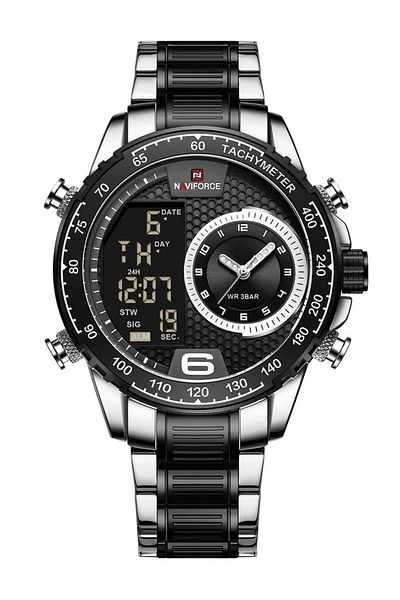 Naviforce Sport Analog-Digital Wrist Watch for Men with Stainless Steel Strap Water Resistant Multi-Function