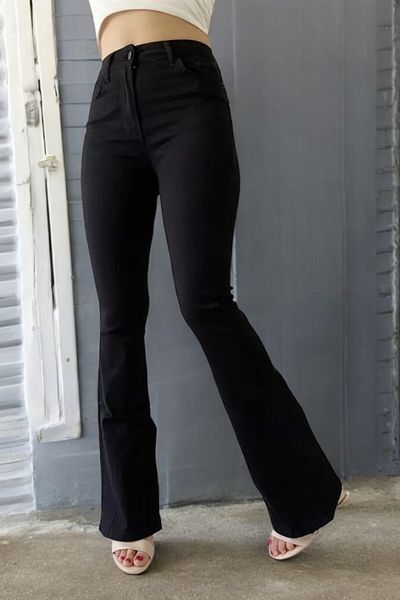 byhaziran butik Mirren Women's Black Lycra High Waist Spanish Leg Jeans