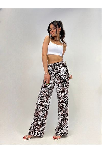 Stil Sepeti Women's Beige Leopard Patterned Elastic Waist Wide Leg Satin Trousers Drl-1000784130