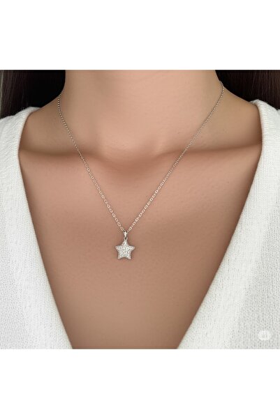 FAMEMUS ACCESSORY 316L Çelik Zirkon Taşlı Yıldız Model Gümüş Renk Kadın Kolye...