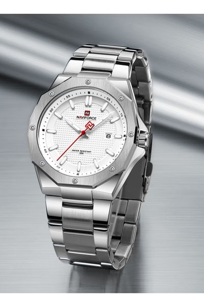 Naviforce Stylish Silver Stainless Steel Analog Quartz Watch for Men White Dial Date Display Water Resistant