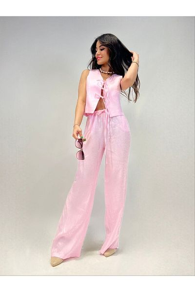Stil Sepeti Women's Pink Linen Lace Front Vest Elastic Waist Wide Leg Pants Suit Drl-1000203012