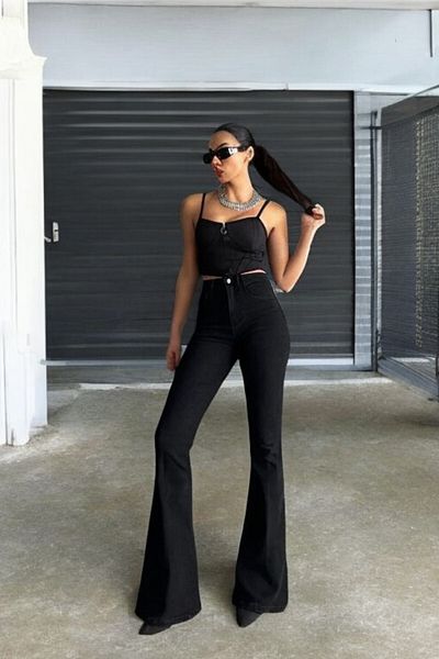 byhaziran butik Gillian Spanish Leg Colorfast Black Stretchy High Waist Denim Pants
