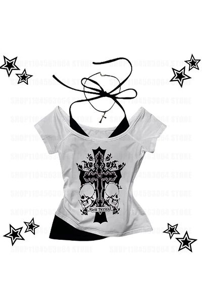 1blood Skull Vintage Grunge Letter Madonna Guler cu curea suplimentară Crop cu mânecă scurtă pentru tot corpul