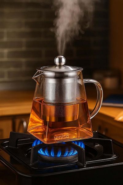 Jenisa Heat Resistant 750 ml Glass Teapot – Angled Design, Stainless Steel Strainer
