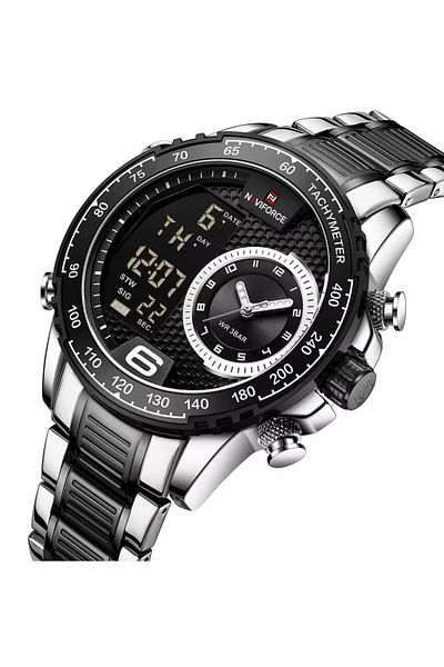 Naviforce Sport Analog-Digital Wrist Watch for Men with Stainless Steel Strap Water Resistant Multi-Function