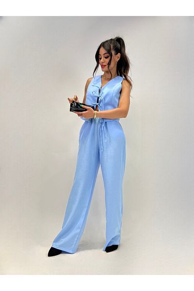 Stil Sepeti Women's Blue Linen Lace-Up Front Vest Elastic Waist Wide Leg Trousers Set Drl-1000203012