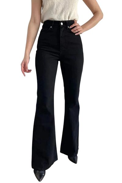 byhaziran butik Jacklie Black Non-Fading Lycra High Waist Denim Spanish Leg Jeans