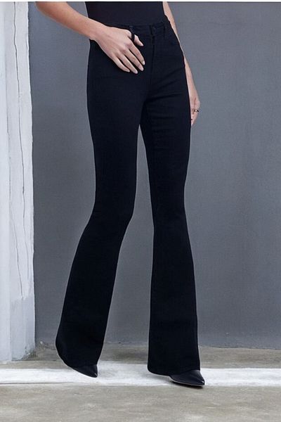 byhaziran butik Celia Women's Black Lycra High Waist Spanish Leg Jeans