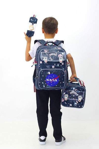 Probag Geanta NASA din 3 piese Rucsac Cutie de prânz Suport stilou Geanta pentru copii pentru școala primară cu cadou jucărie de plus