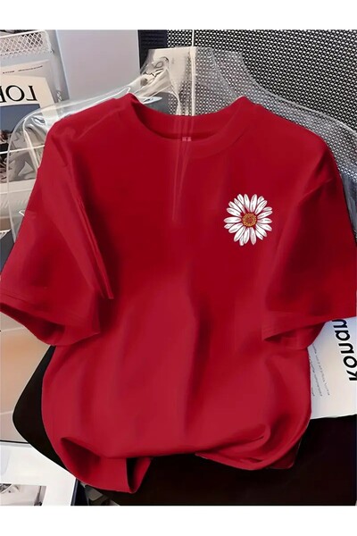 H&GHAMLEGİYİM papatya desenli tişört - Rahat yuvarlak yaka, kısa kollu