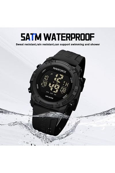 Naviforce Stylish Mens Digital Sports Watch with Black Dial Black Silicone Strap Water Resistant 50M