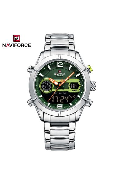 Naviforce Mens Dual Display Chronograph Watch Green Silver Stainless Steel Band Analog Digital Quartz Movement