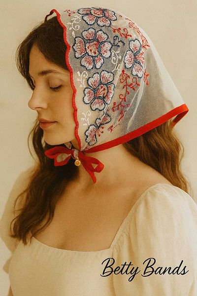 Handmade Betty Bands Colorful Flower Embroidered Red Edge Bandana – Tie-Up Model