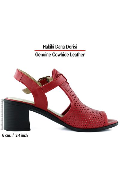 Erkan Saçmacı Elena Red Genuine Calf Leather Comfortable Daily Sandals with Open Front and Back Hole Detail and Thick Heels