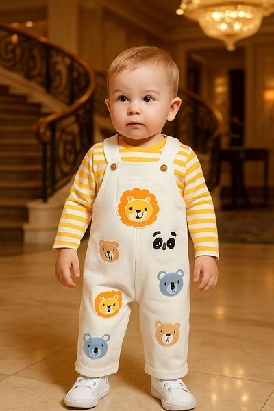 Necix's Baby Jumpsuit Salopet Set - Lion Printed Long Sleeve Striped Bodysuit Combination