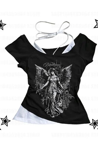 1blood Angel angel Vintage Grunge Letter Madonna Guler cu curea suplimentară Crop cu mânecă scurtă pentru tot corpul