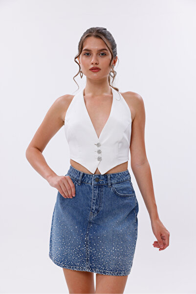 Eseclass KADIN YÜKSEK BEL MİNİ KOT ETEK TAŞ BASKILI