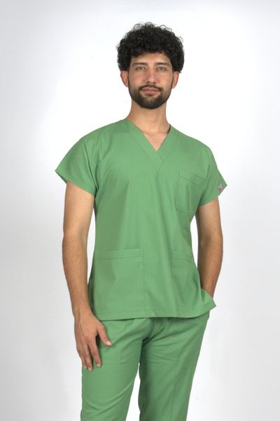 SEZA TEKSTİL Grass Green Premium Flex Unisex Lycra Scrubs Doctor Nurse Uniform Single Top