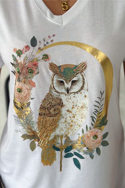 FEMELLE Women's White 100% Cotton T-Shirt V-Neck Owl Sequins and Embroidery Embroidered