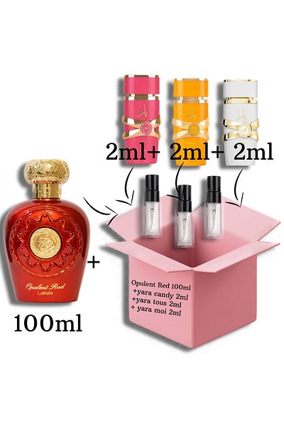 lattafa Opulent Red 100ml EDP + samples 2ml of (Yara Candy+Yara Tous+Yara Moi)