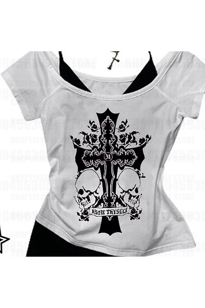 1blood Skull Vintage Grunge Letter Madonna Guler cu curea suplimentară Crop cu mânecă scurtă pentru tot corpul