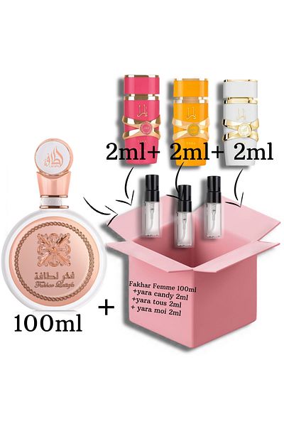 lattafa Fakhar Femme 100ml EDP + samples 2ml of (Yara Candy+Yara Tous+Yara Moi)