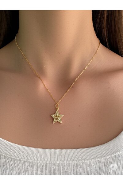 FAMEMUS ACCESSORY قلادة نسائية من حجر الزركون الصلب موديل نجمة ذهبية اللون