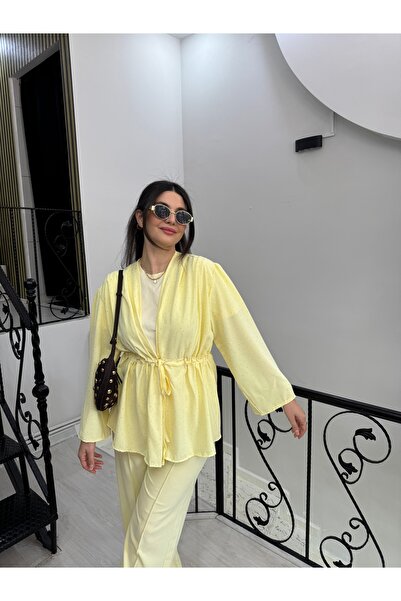 Butik Sarı tüllü taşlı önden bağlamalı ceket beli lastikli pantolon ikili takım