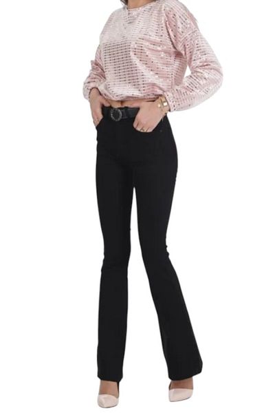 byhaziran butik Fridakahlo Black Non-Fading Lycra High Waist Denim Spanish Leg Jeans