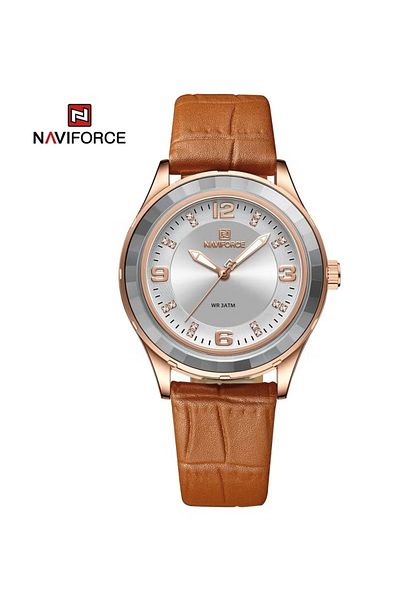 Naviforce Classic and Sophisticated Brown Leather Analog Wrist Watch with Water Resistance and Elegant Design