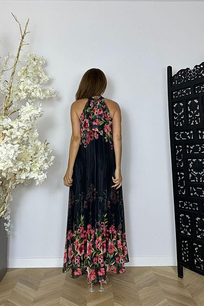 gesmoda G1475 Halter Neckline Pleated Chiffon Dress Black