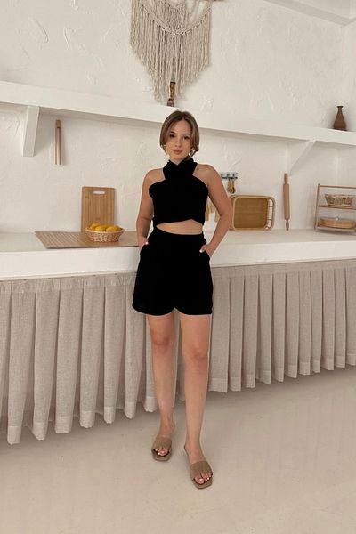 MOZENA Halter Neck Linen Shorts Suit