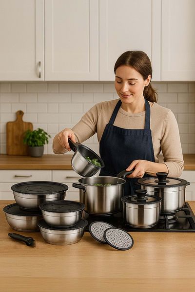 Jenisa 16 Pieces Stainless Steel Pot Storage Container Set Removable Handle Glass Lid Grater