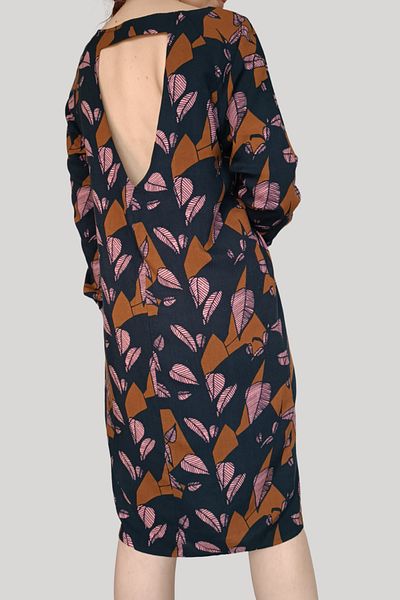ICHI Rochie pana la genunchi, cu imprimeu si decupaj la spate, multicolor, 36