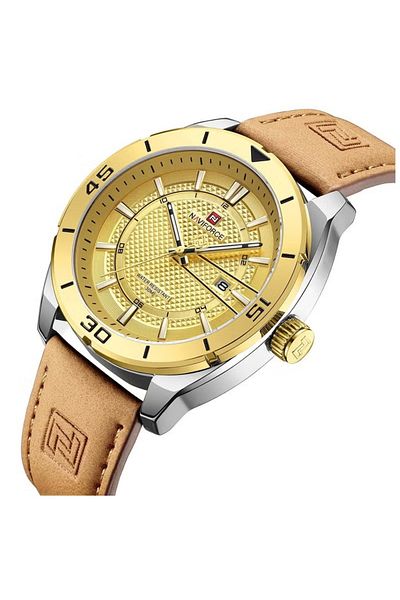 Naviforce Men Gold Dial Light Brown Leather Strap Quartz Watch