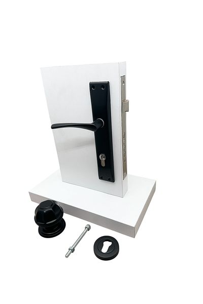 KOLDOOR Bravo Matte Black Ship Mirrored Yale Steel Door Handle Left Hand + Door Knocker + Badge