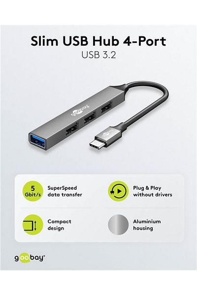 goobay Slim 4-Port USB Hub, USB-C to USB-A, 5 Gbit/s | 74457