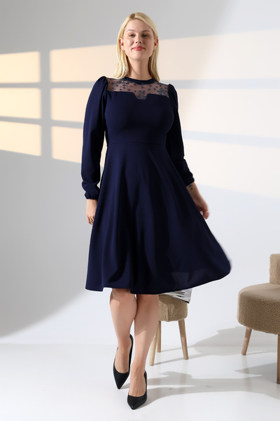 Fasmia LACİVERT GİGOT KOL ÖN DETAYLI BİSİKLET YAKA ELBİSE