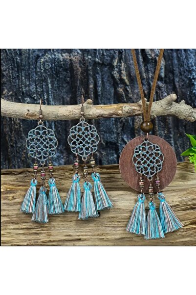 ORGANICYOU Yiwu 3 Pieces Vintage Bohemian Ethnic Style Women's Jewelry Set, Antique Bronze Carved Blue Mixed Color