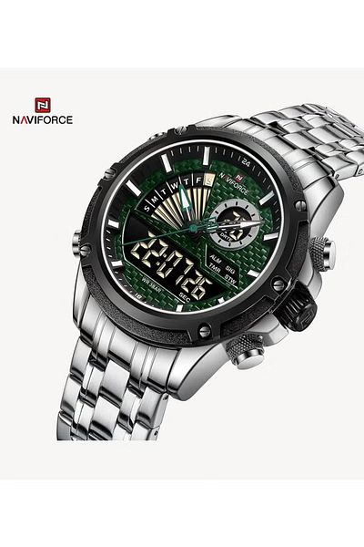 Naviforce Green Dial Digital Analog Mens Watch Stainless Steel Waterproof