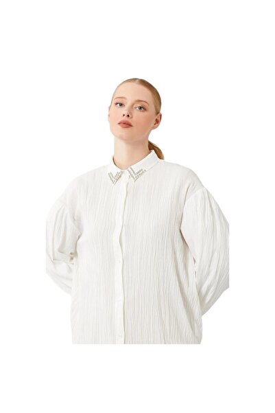 Levidor Embroidered Collar Balloon Sleeve Gathered Fabric Shirt