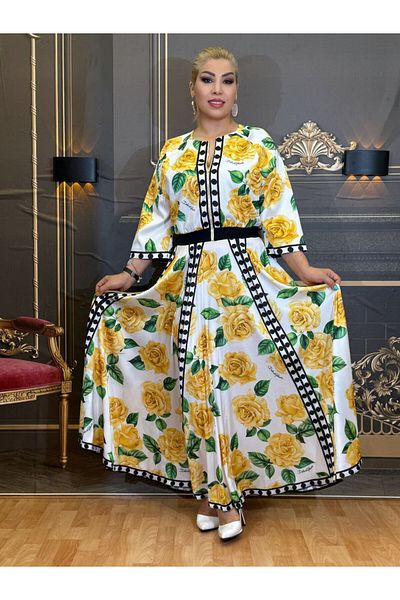 Yeşilmoda Suit Jacket and Skirt,Lined Jacket,Satin,Yellow Flowers,Patterned,Long Skirt,Zipper, Bat Sleeve.