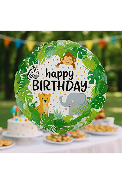 Genel Markalar 🦒 Safari Hayvanlar Temalı Yuvarlak Folyo Balon – 18 İnç – Happy Birthday Yazılı